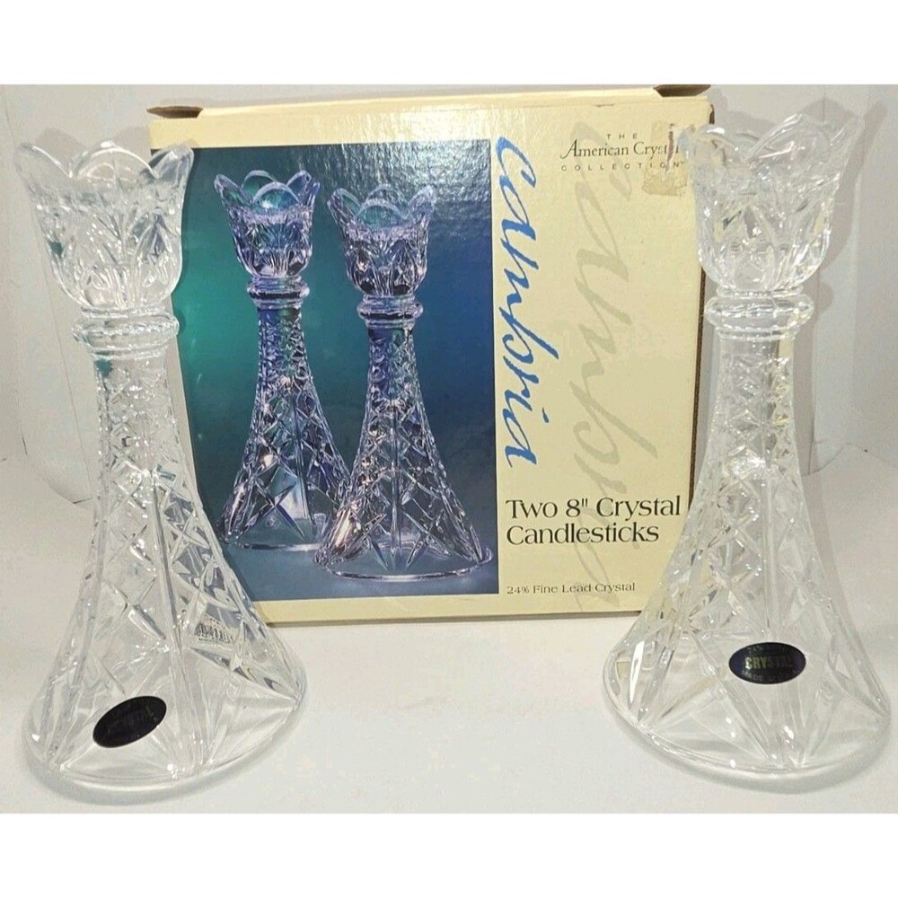 Vintage American Crystal Co Cambria 8 Inch Crystal Candlesticks NOB set of 2